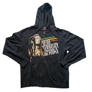 Vintage Y2K Bob Marley Zion Hoodie Full Zip Sweatshirt Size Large Black Rasta‎
